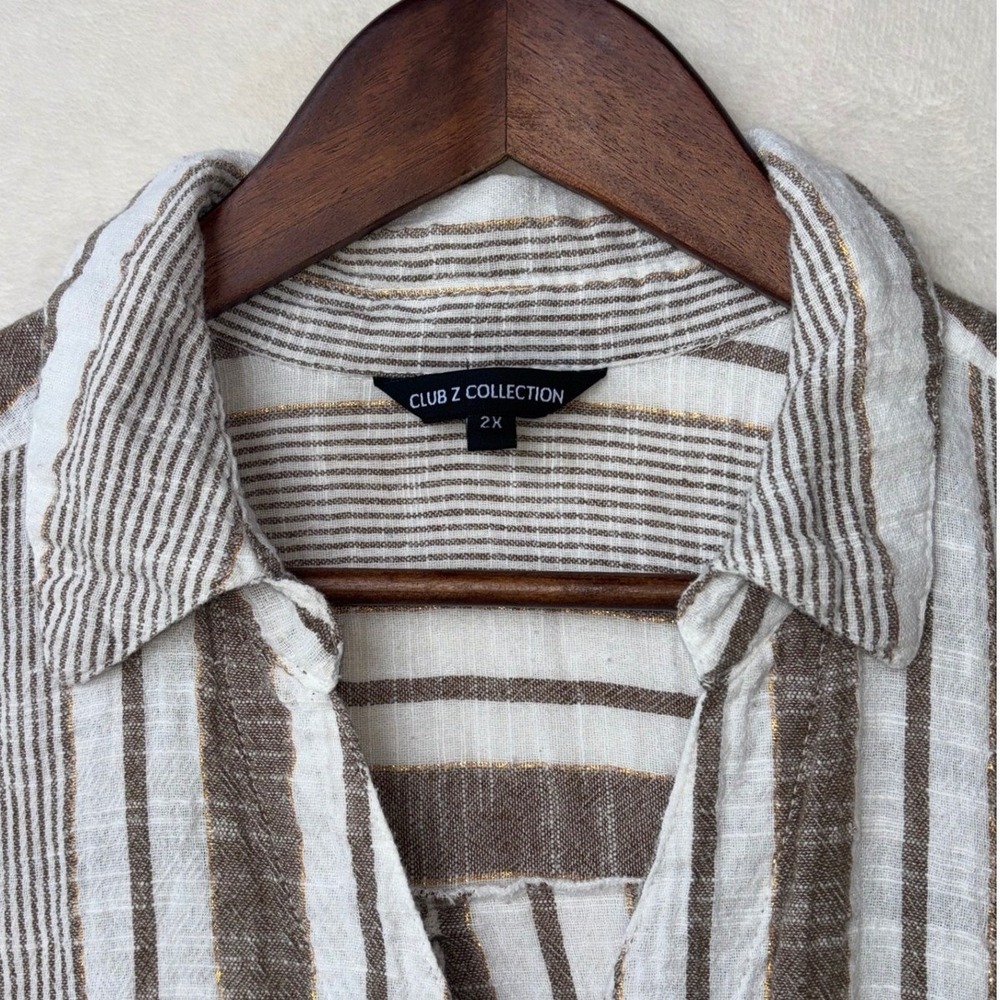 STRIPED GAUZE COTTON BUTTON DOWN Shirt Top 2X Long Sleeve‎ 3/4 CLUB Z COLLECTION